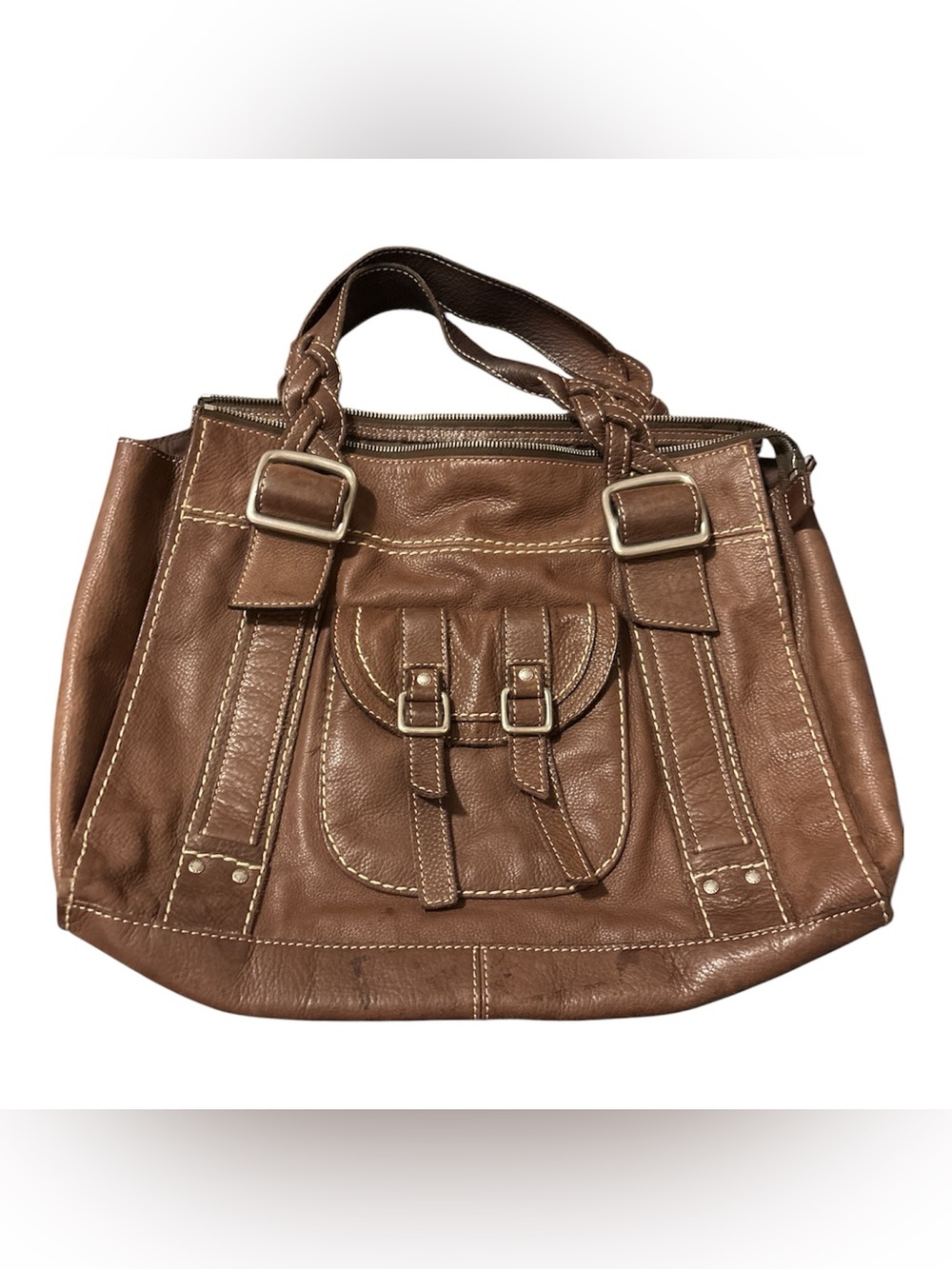 Classic Brown Leather Tote Bag with Front Buckle Pocket